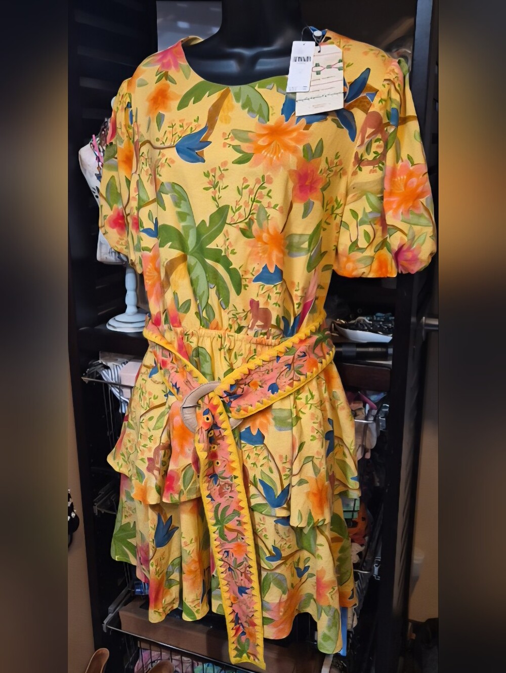 FARM Rio for Anthropologie Yellow Tropical Floral Parrot Linen Mini Dress